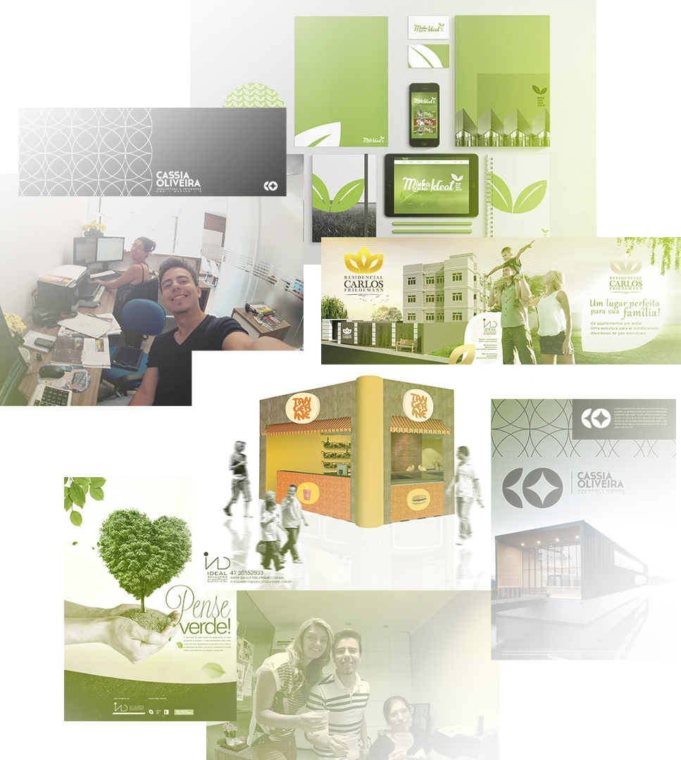 Projetos de identidade visual, arquitetura e registros de João no escritório