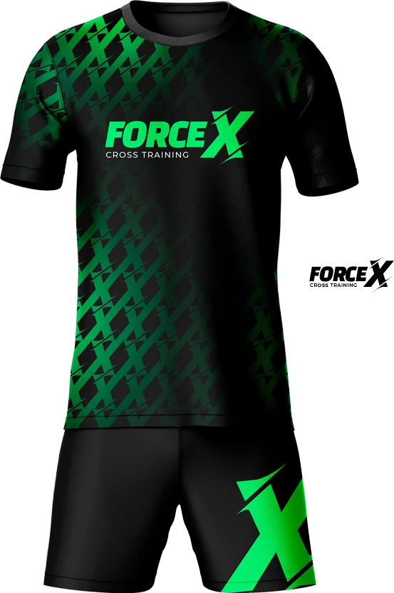 Marca Force X Cross Training aplicada em camiseta e shorts esportivos